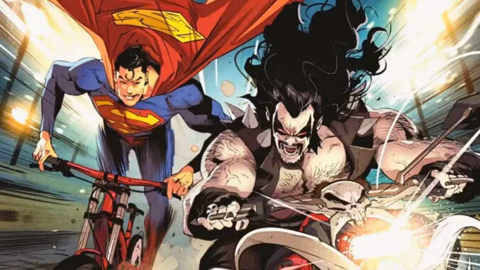 Uma imagem da capa variante da Action Comics 1065, de Jorge Jimenez. Cena representando Lobo em uma motocicleta, competindo com o Superman em uma bicicleta.
