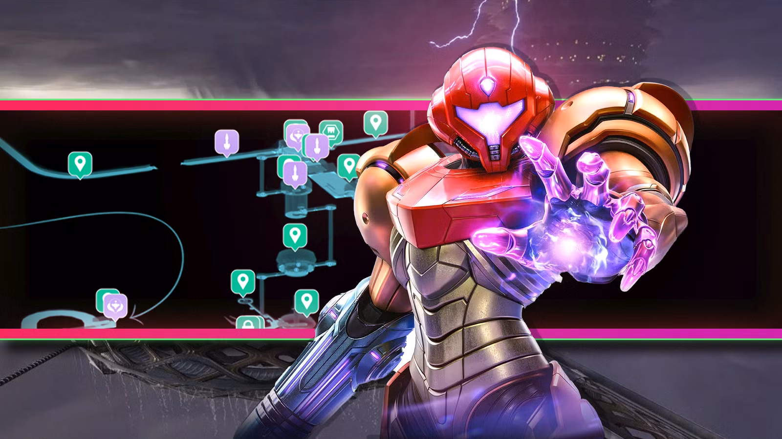 Samus estende a mão sobre um mapa em Metroid Prime 4