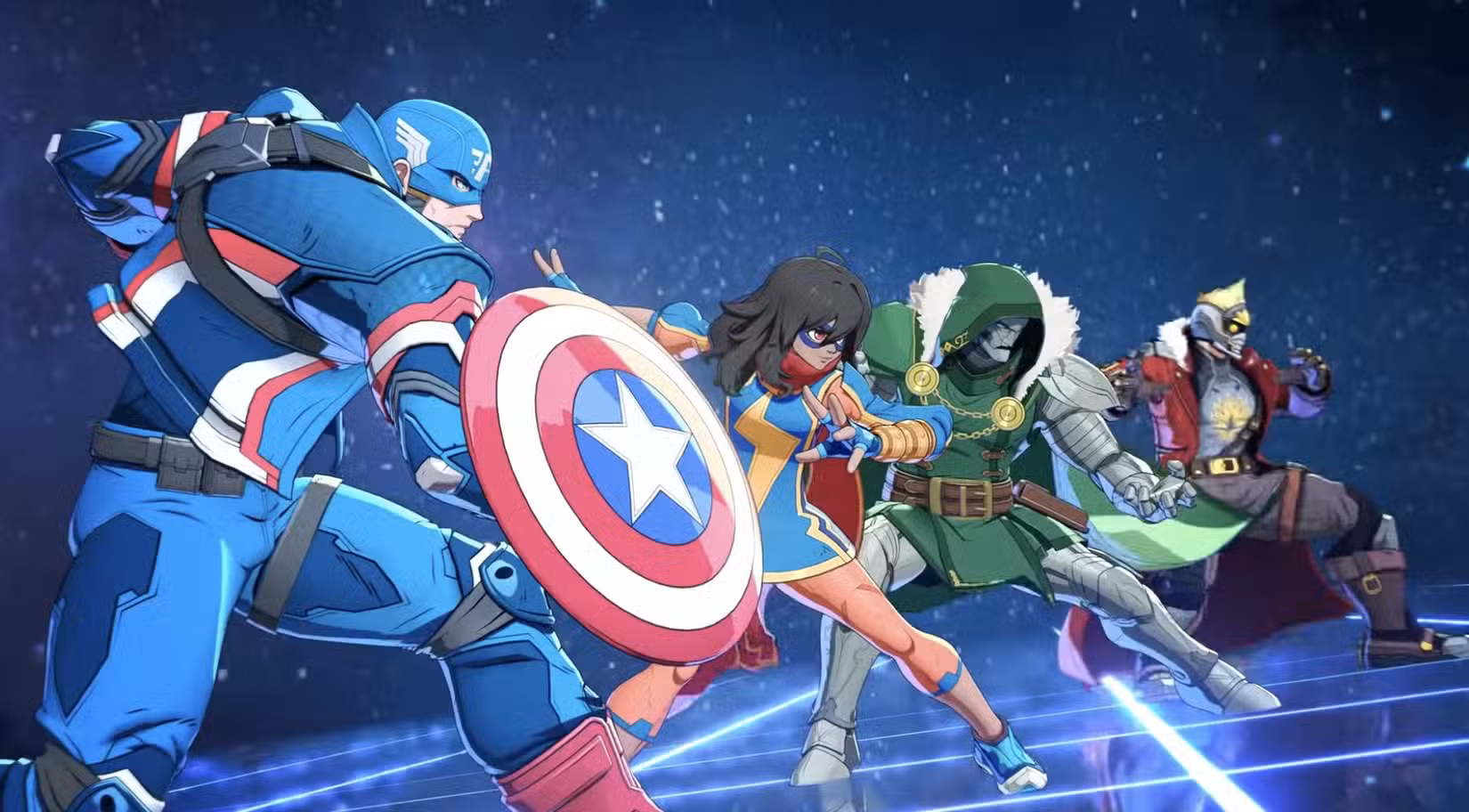 Capitão América, Kamala Khan, Doutor Destino e Senhor das Estrelas se preparando para lutar no Marvel Tokon.