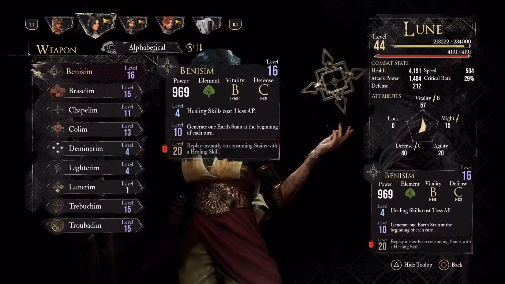 Uma captura de tela de Clair Obscur mostrando a melhor arma de Lune como curandeira