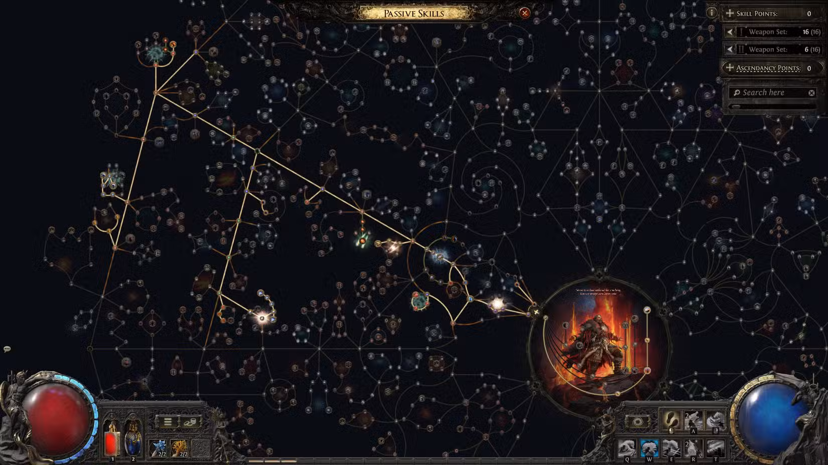 Uma captura de tela do Path of Exile 2 mostrando a árvore de habilidades passivas do Druida