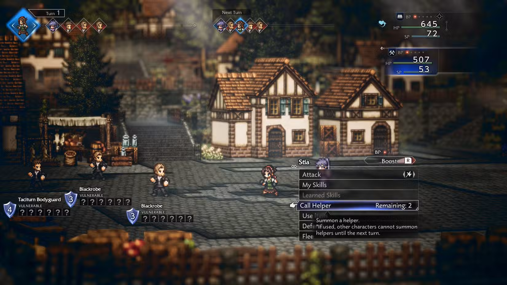 Uma captura de tela do Octopath Traveler 0 mostrando uma batalha no meio de uma cidade