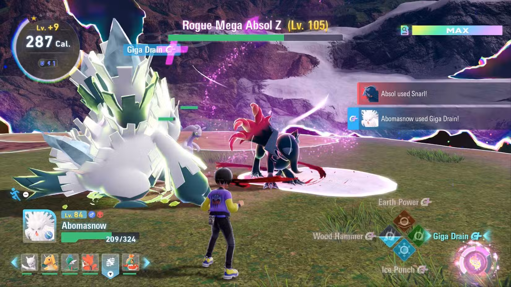 Lutando contra Mega Absol Z no DLC Pokémon Legends-ZA Mega Dimension.