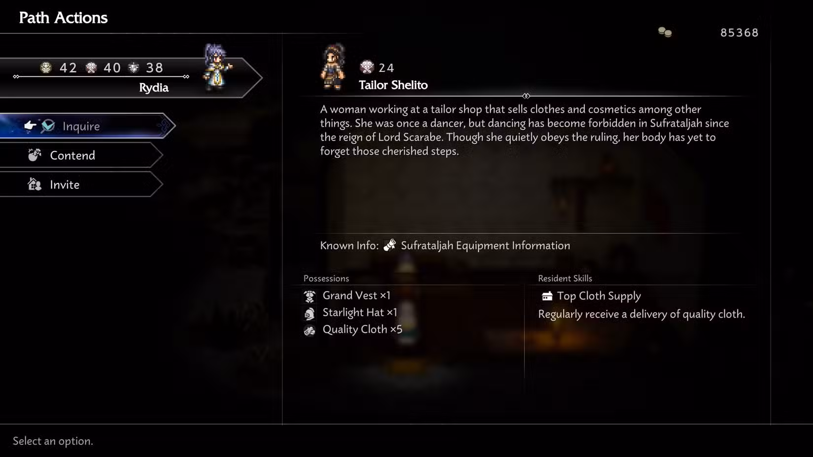 Uma captura de tela do Octopath Traveler 0 mostrando a descrição de um personagem e as informações que você obtém dele ao usar ações de caminho