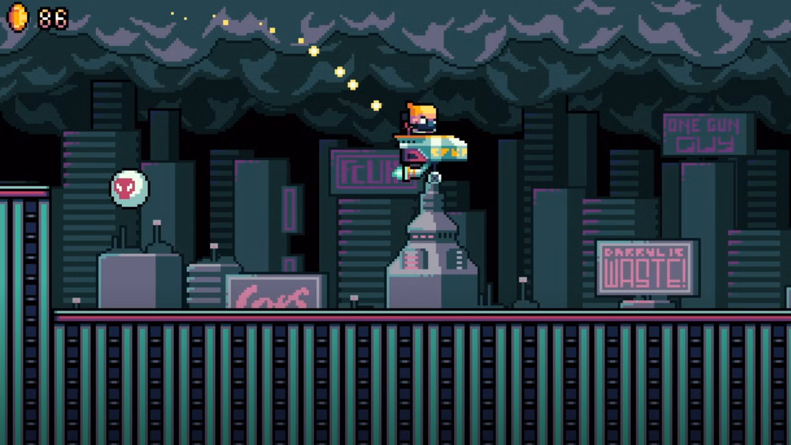 One Gun Guy voa em uma nave espacial por uma cidade, coletando moedas de ouro ao longo do caminho.