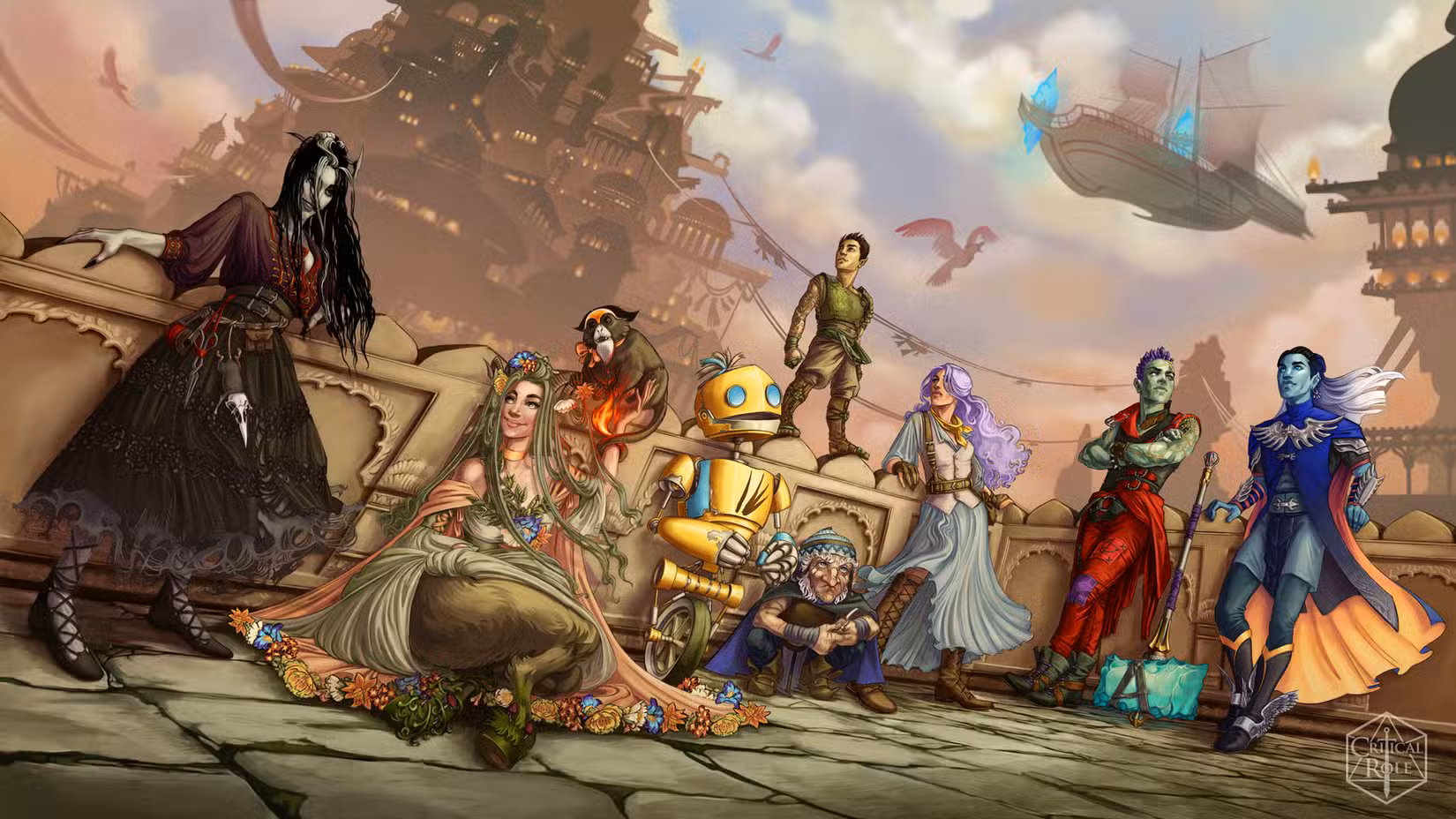 Obra de arte apresentando oito personagens de fantasia em um pátio. A figura mais próxima é uma mulher pálida e de cabelos negros. Sentado ao lado dela está um fauno de cabelo verde e um macaco. Há também um robô e um gnomo, com um halfling parado na meia parede. Ao lado dele está uma mulher de cabelos roxos. Do outro lado, estão dois homens de pele verde e azul, respectivamente. Da campanha 3 da Critical Role, Bell's Hells