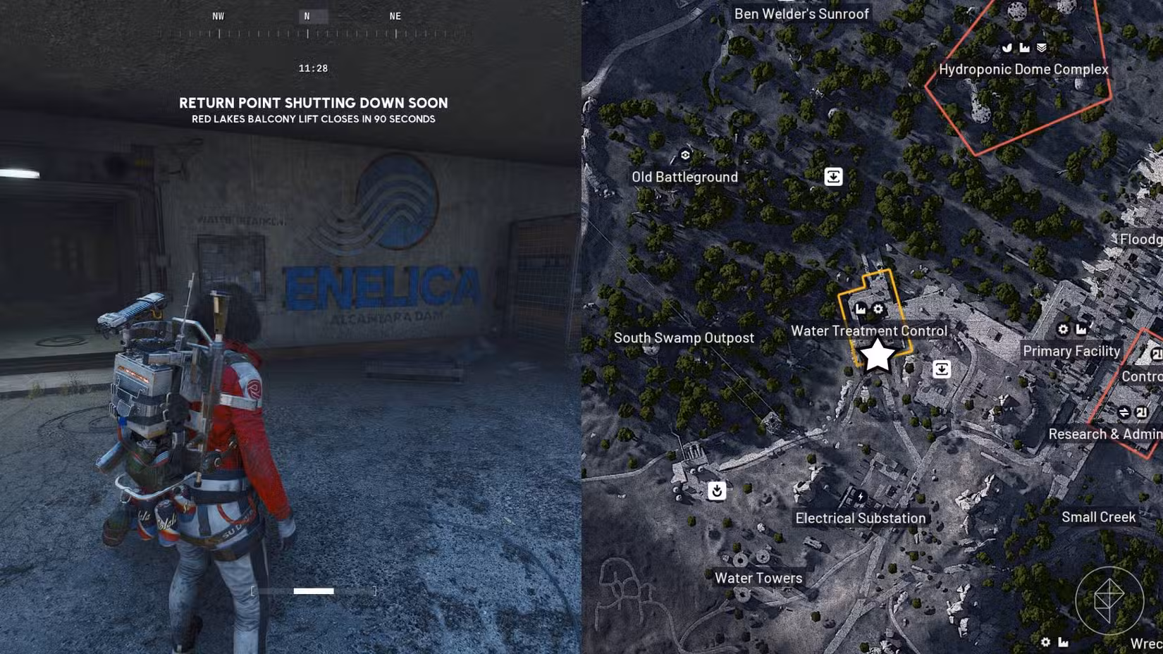 A metade esquerda da imagem mostra o jogador em frente ao edifício de Controle de Tratamento de Água em Dam Battlegrounds em Arc Raiders, enquanto a metade direita mostra o local marcado no mapa por uma estrela.