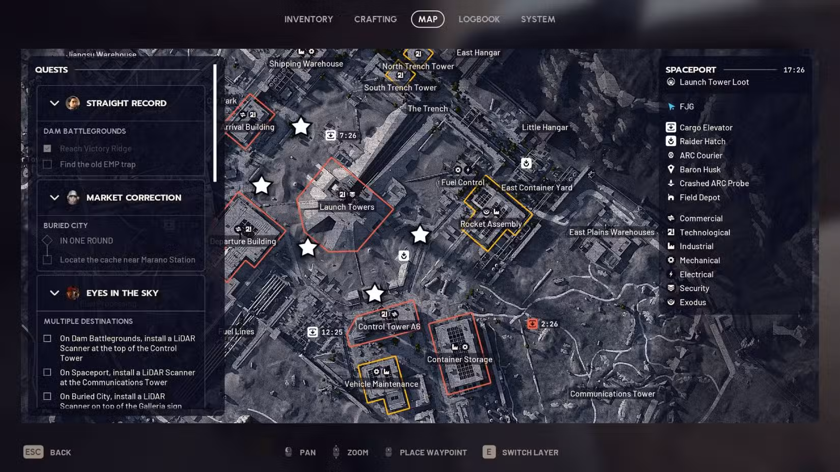 O mapa do espaçoporto em Arc Raiders com cinco entradas para os túneis subterrâneos marcados com estrelas.