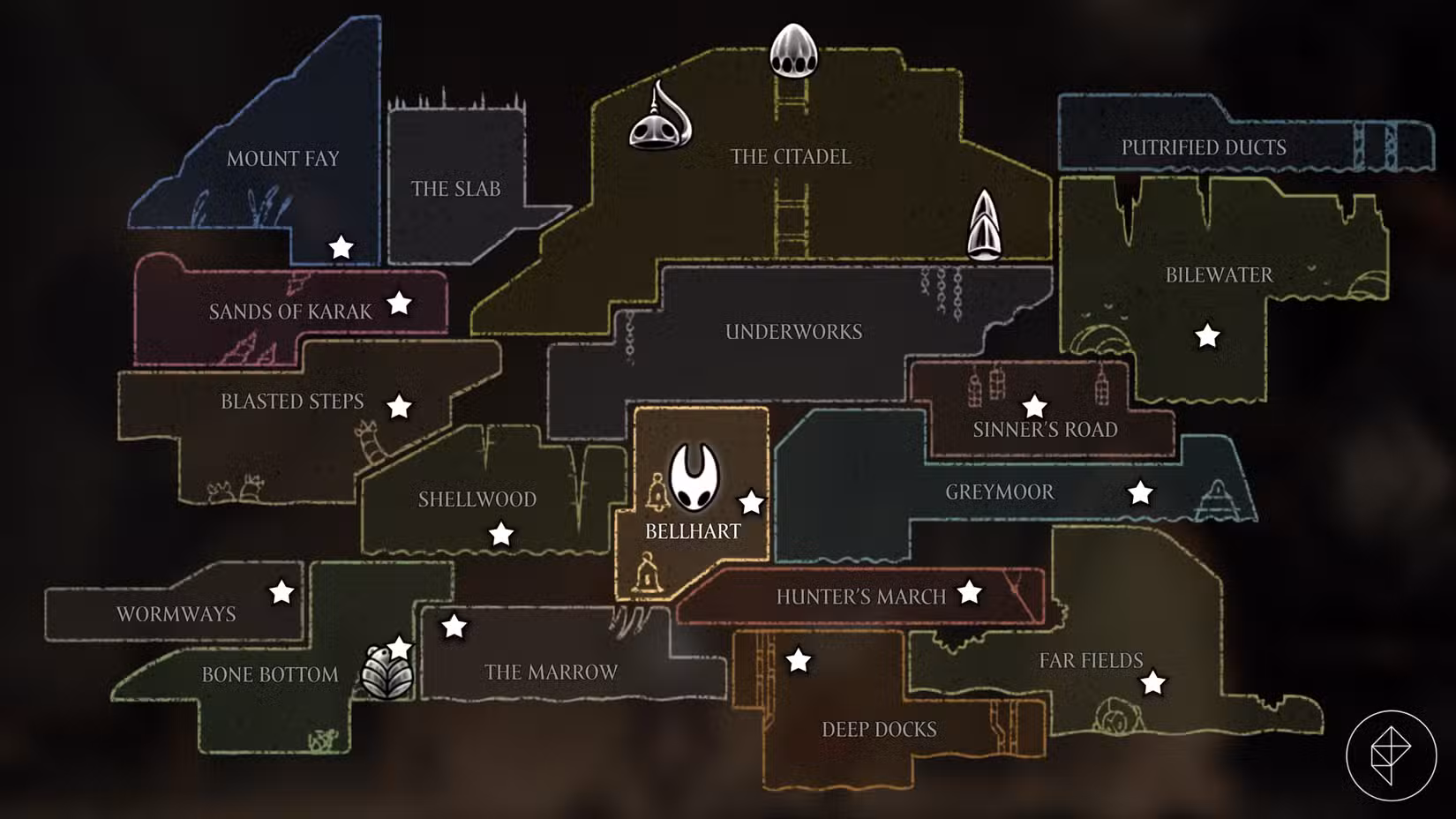 Todas as localizações de Shakra antes de iniciar Trail's End em Hollow Knight: Silksong.