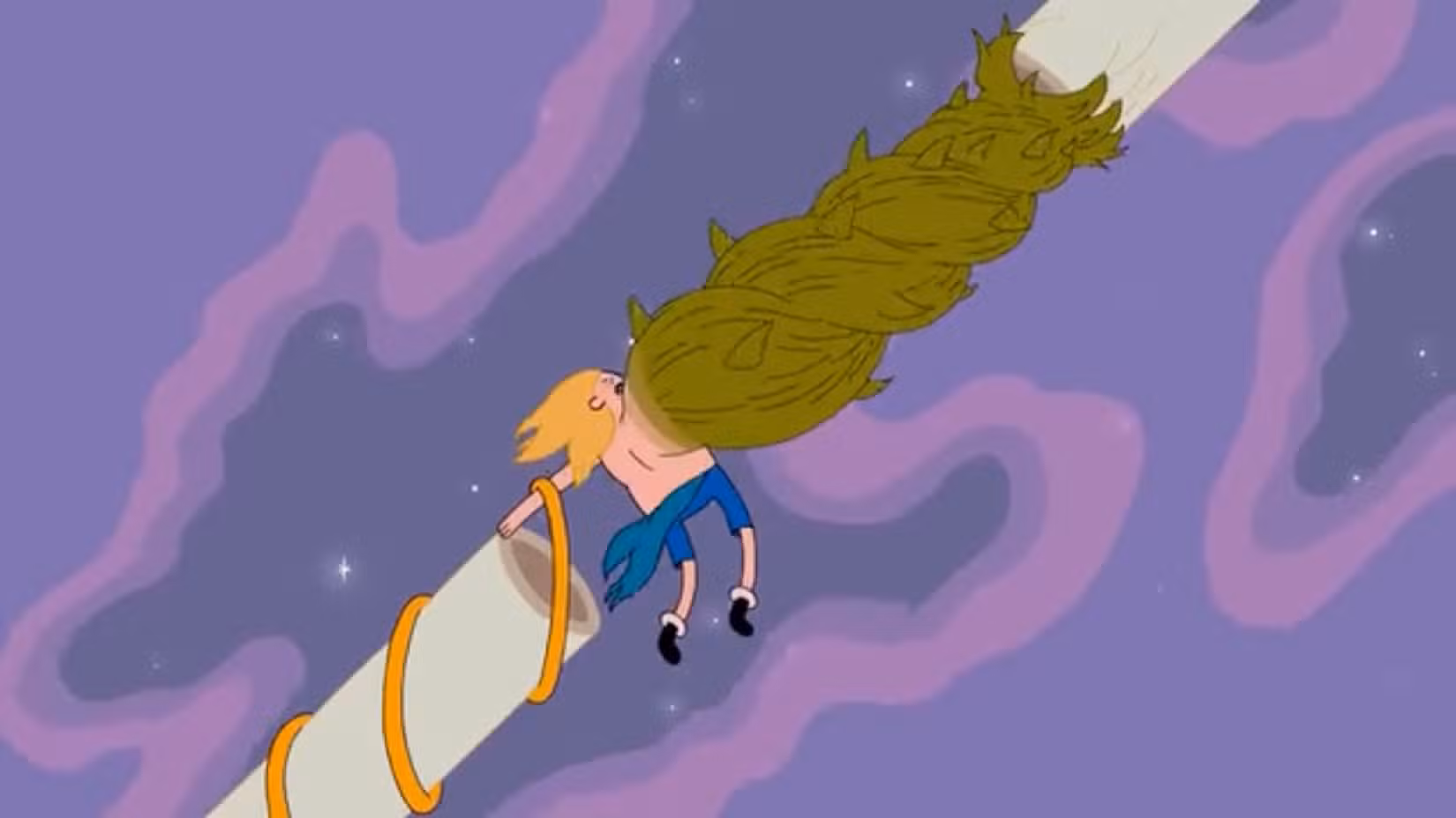 Cena de Hora de Aventura da espada de grama de Finn puxando seu braço