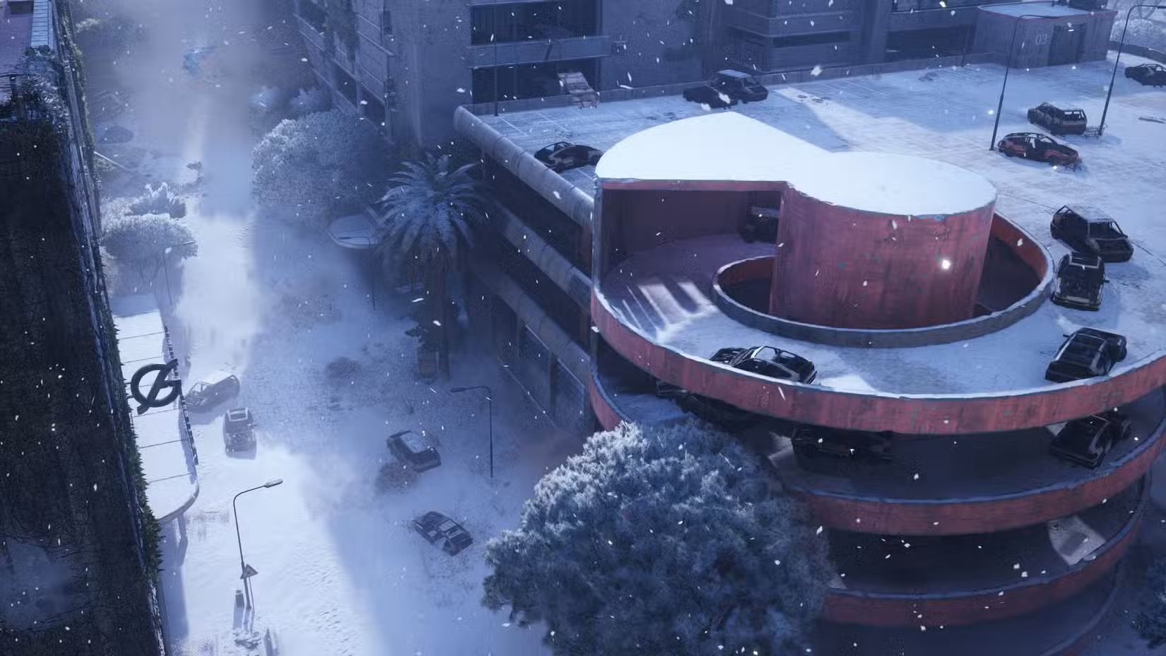 O mapa da Arc Raiders Buried City coberto de neve, mostrando a localização do estacionamento.