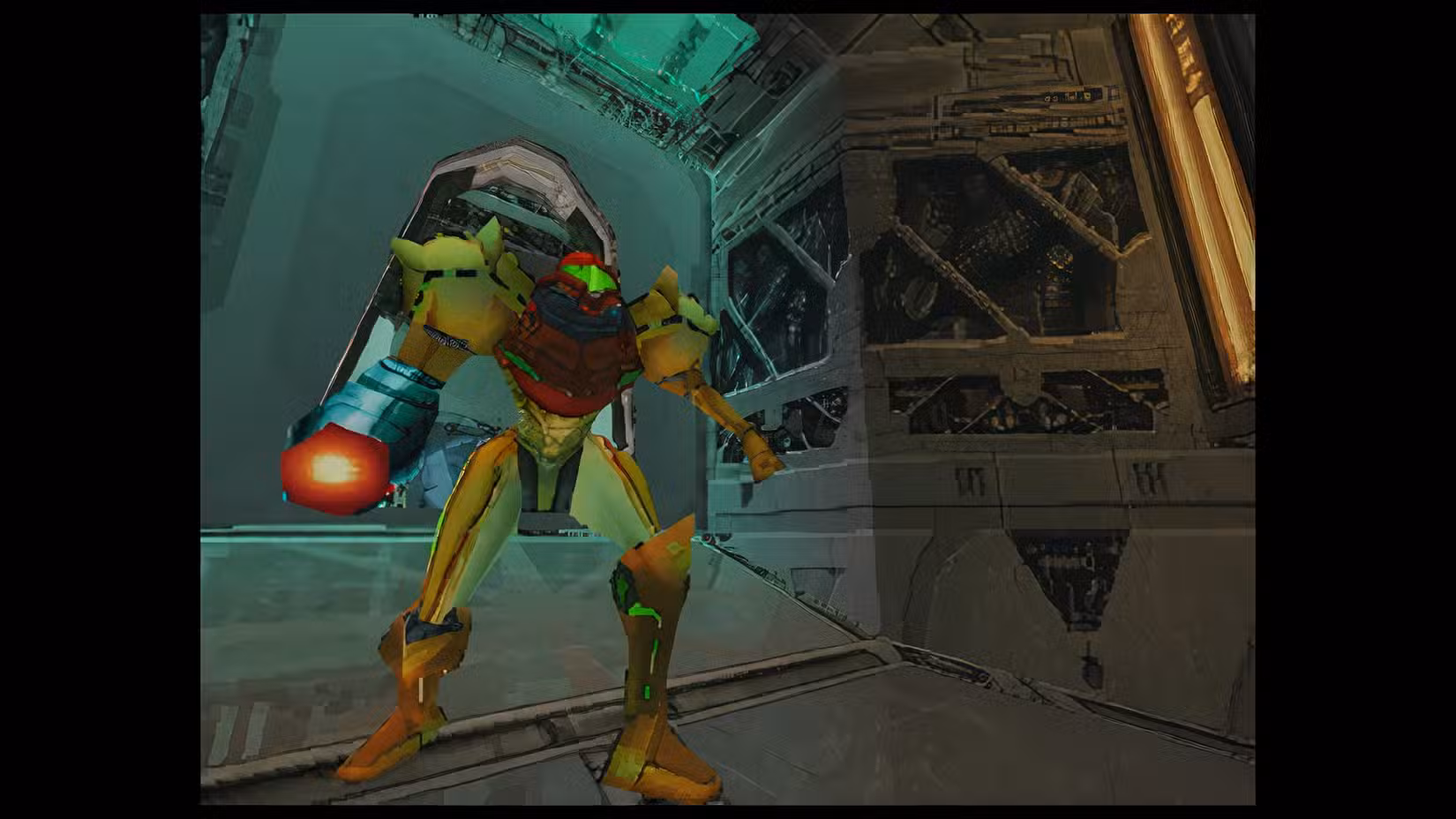 Samus está em um corredor em Metroid Prime: Hunters.