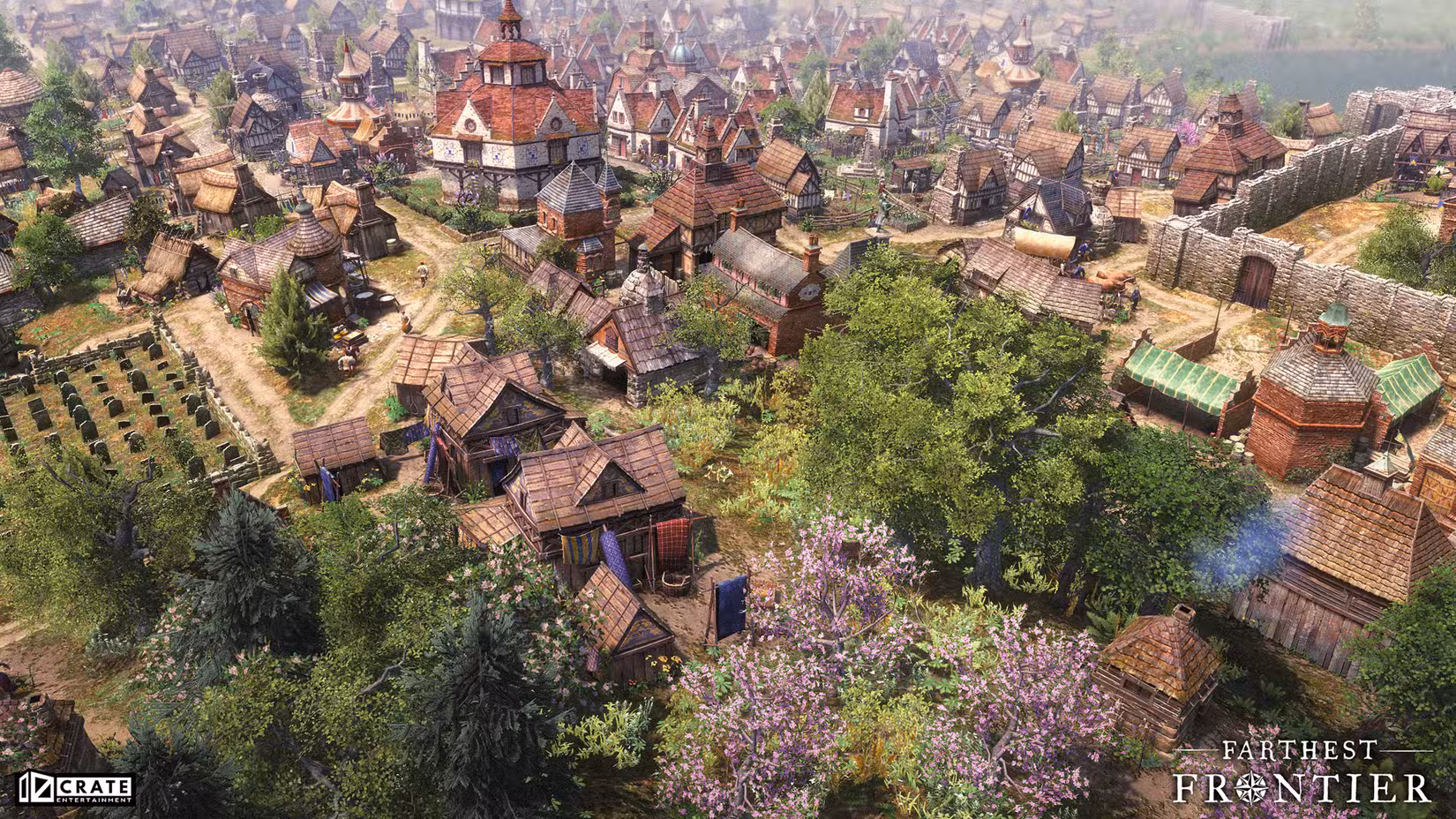 Árvores adornam uma rua em Farthest Frontier