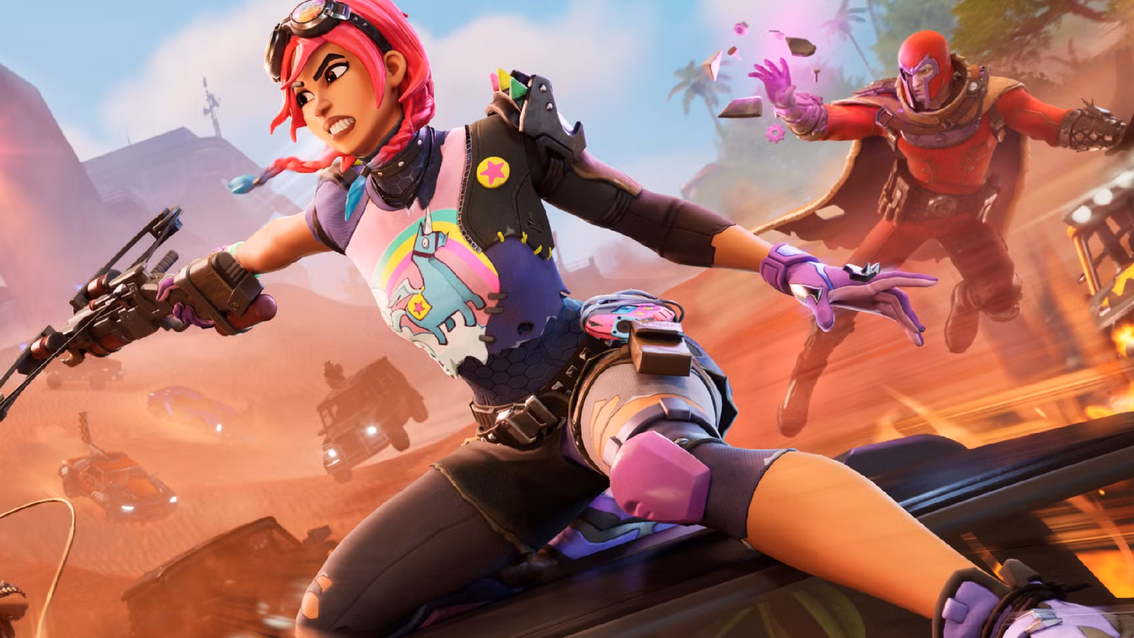 Brite Bomber aponta uma besta enquanto Magneto voa atrás dela na arte da temporada Wrecked de Fortnite