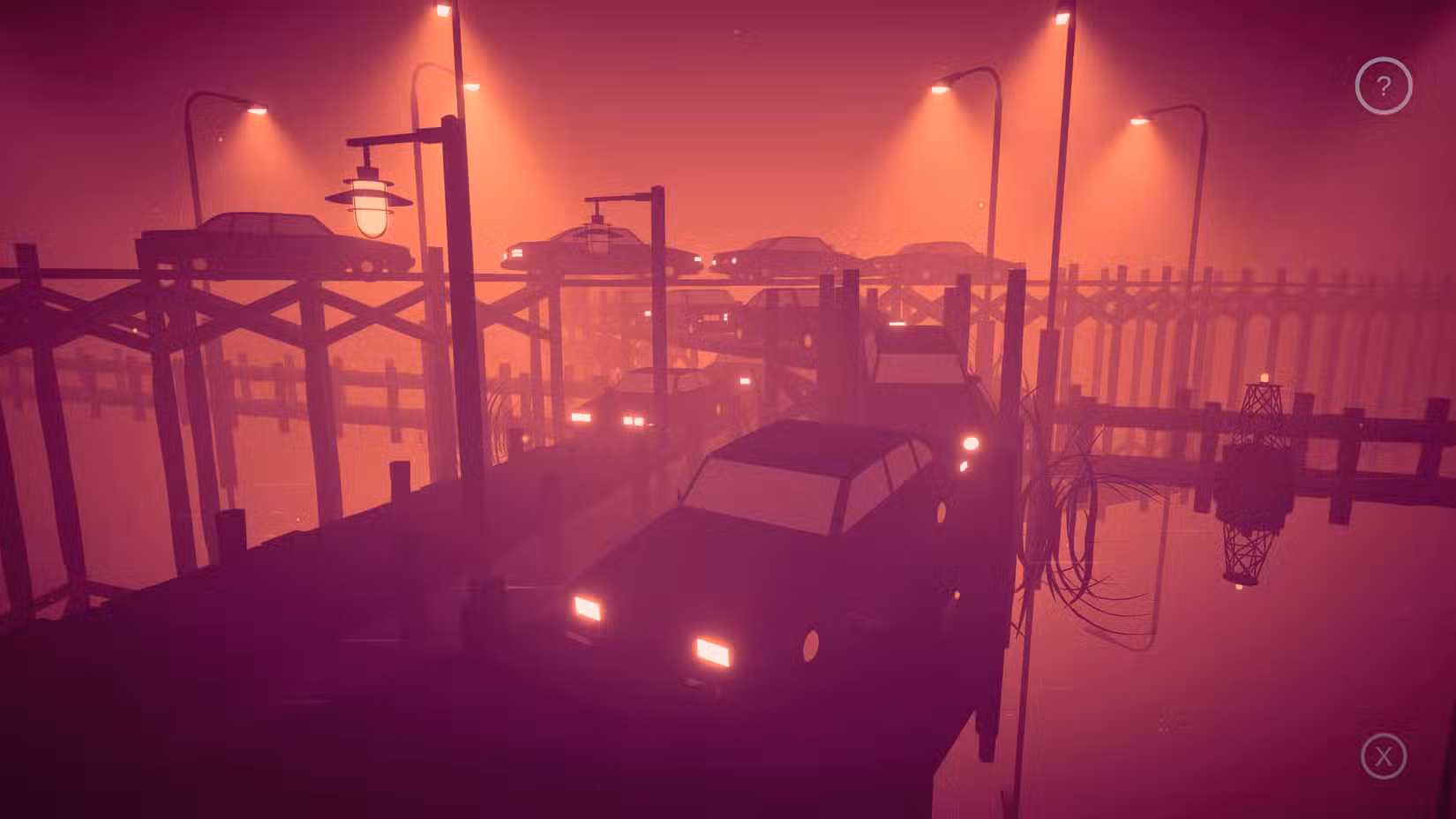 Nível Mirria com iluminação vermelha e carros nas pontes