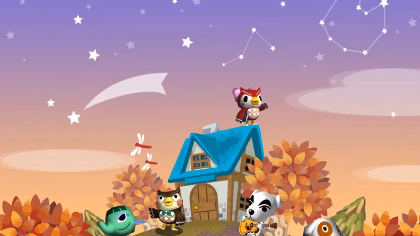 Uma coruja está no topo de um telhado, gesticulando para constelações no céu.