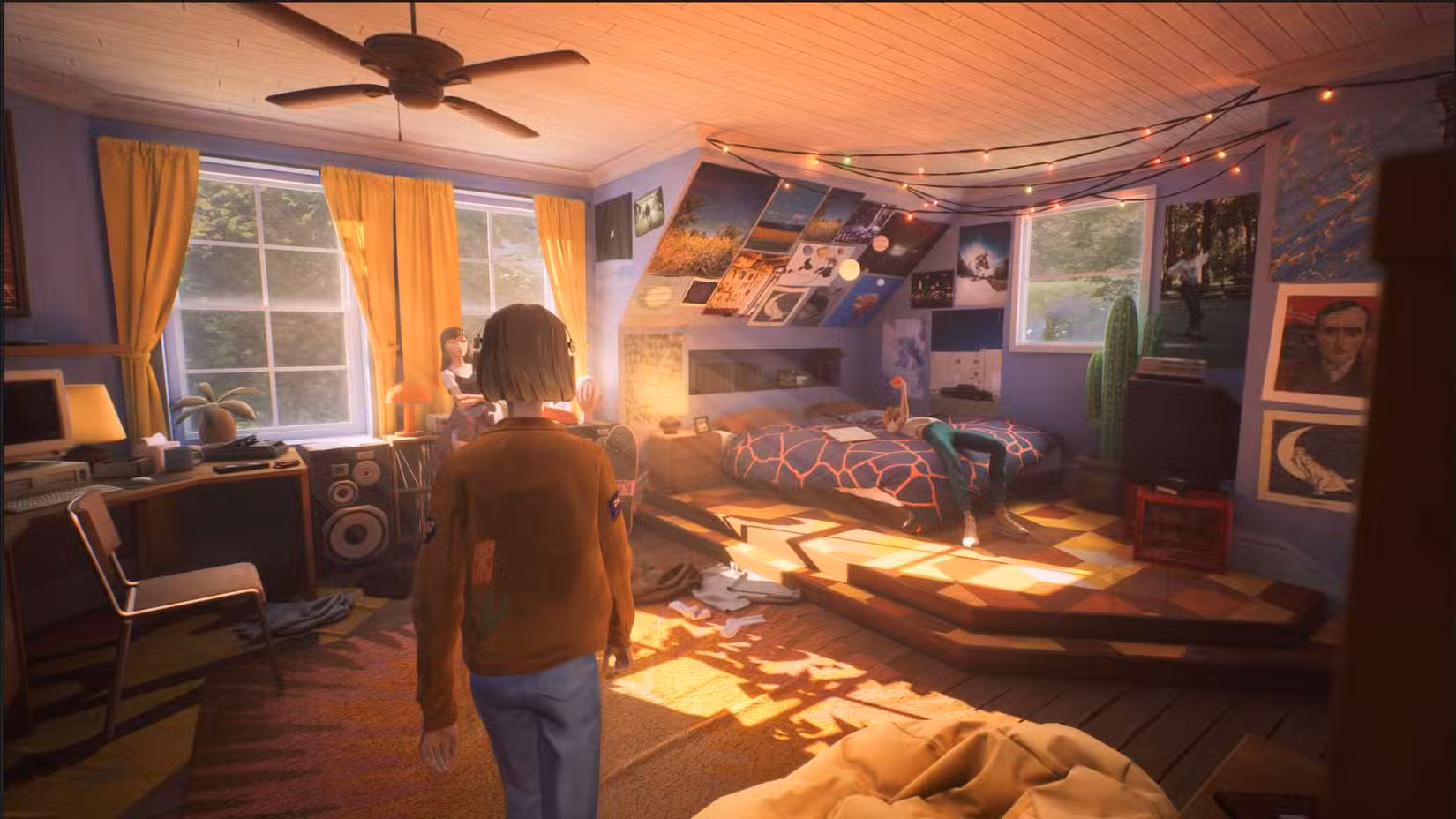 Um personagem da Mixtape caminha em direção a uma cama em um nostálgico quarto PNW