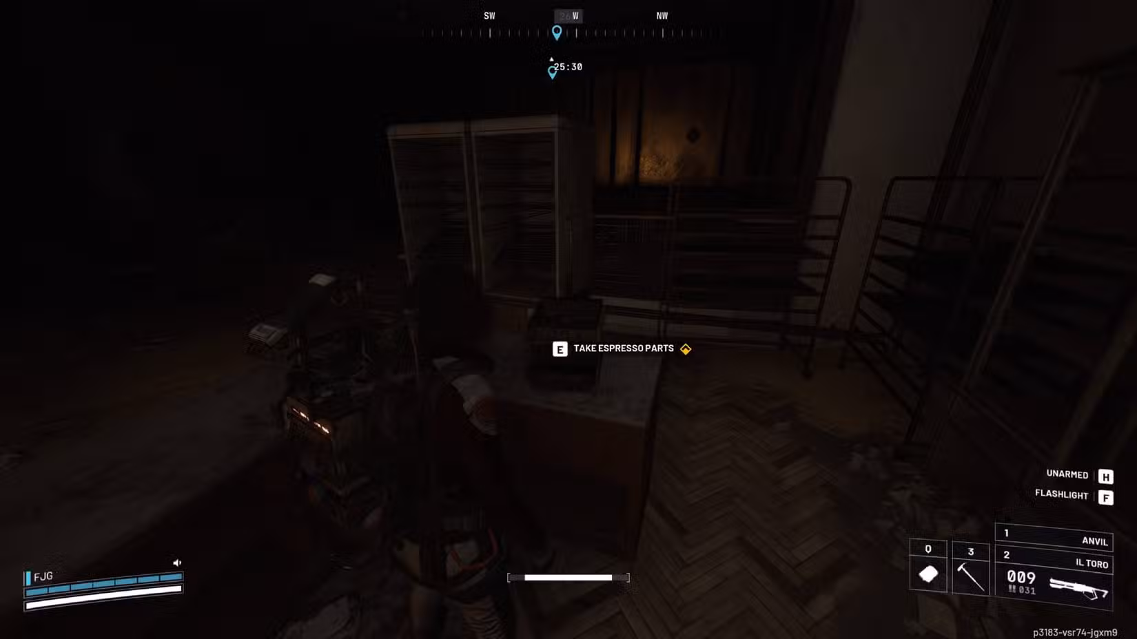 O jogador em frente à máquina de café expresso em Buried City com a solicitação para retirar as peças do café expresso.