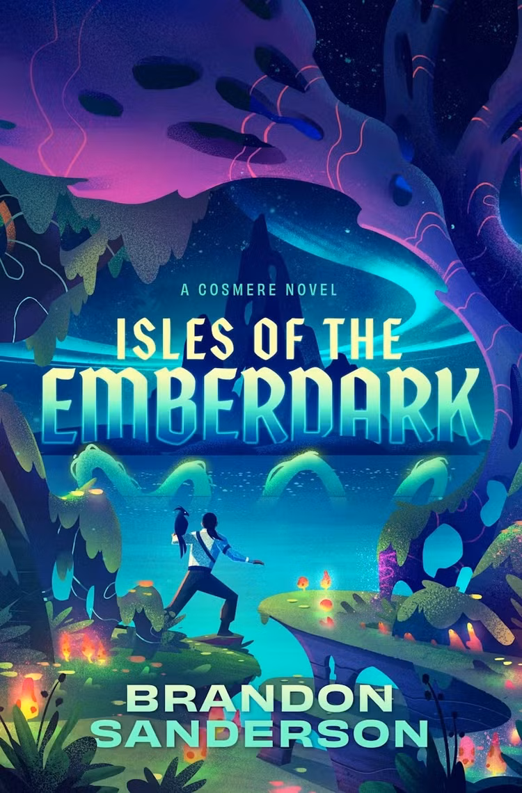 A capa de Isles of the Emberdark, de Brandon Sanderson, uma imagem em tons neon de uma pequena figura humana com um pássaro parecido com um falcão no braço, olhando para um corpo de água cheio de voltas semelhantes a serpentes marinhas e uma paisagem de fantasia selvagem