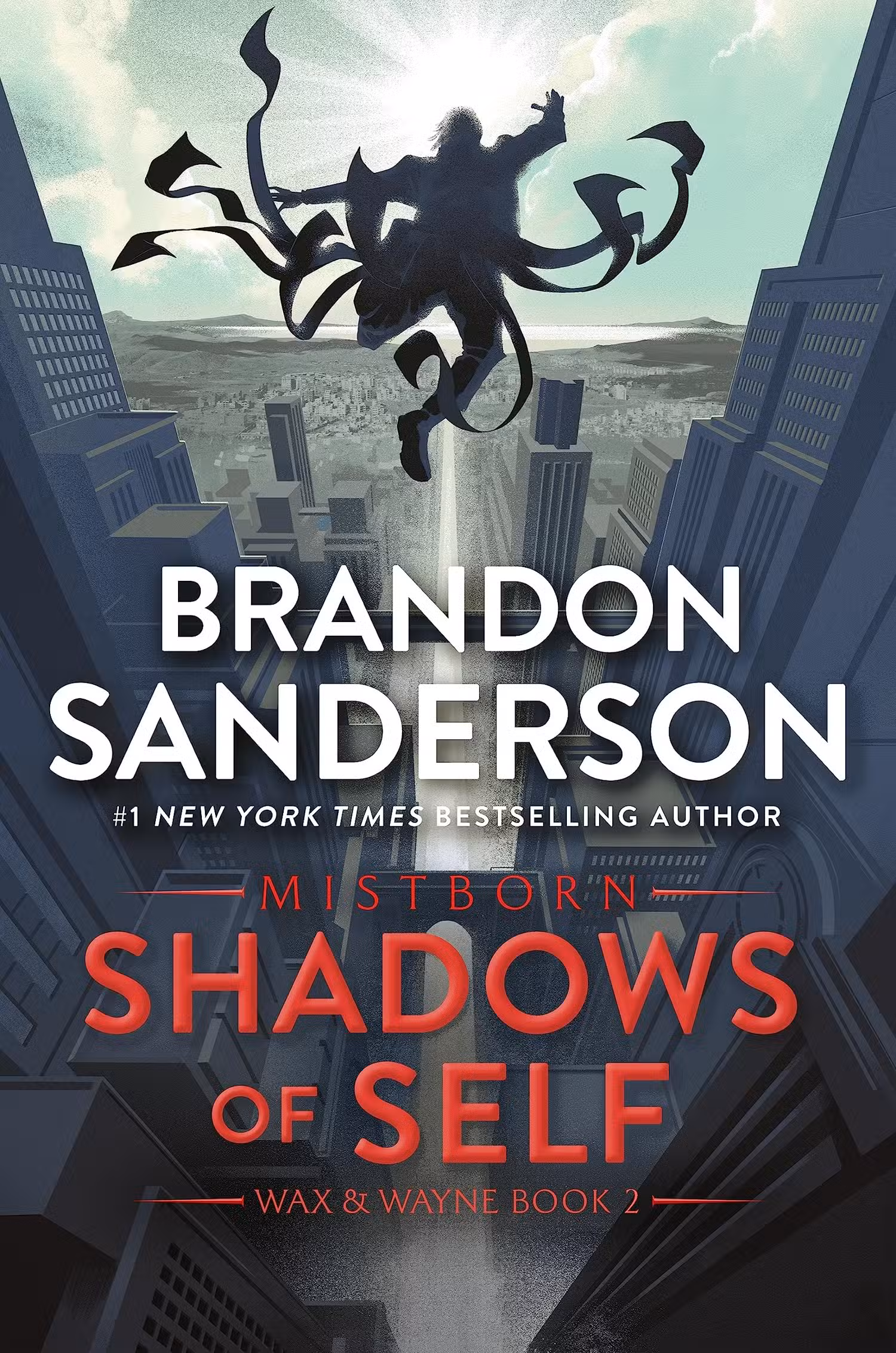 A capa de Shadows of Self, de Brandon Sanderson, retratando uma silhueta humana saltando de um prédio para uma cidade iluminada, cercada por enormes e dramáticas borlas de casacos