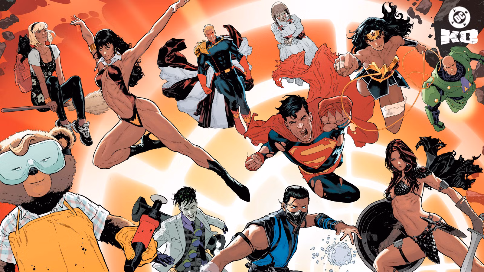 A capa de DC KO: Boss Battle #1 retrata Superman, Mulher Maravilha, Lex Luthor, Coringa, Red Sonja, Sub Zero, Vampirella, Sabrina, a Bruxa Adolescente, Annabelle e Samantha Strong