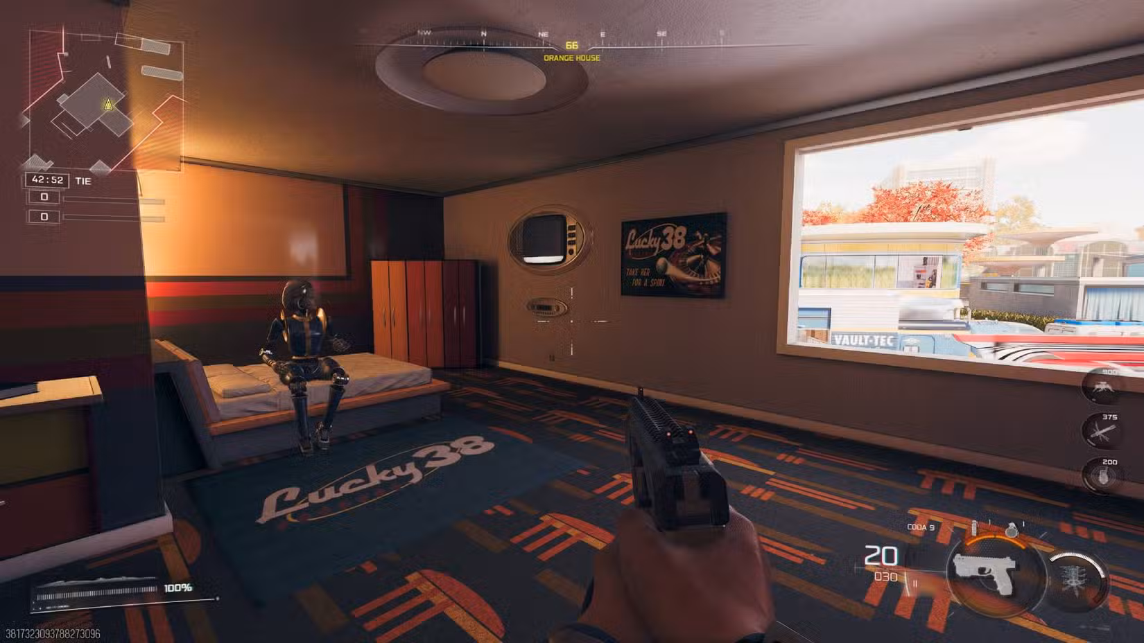 O quarto de uma das casas de Vault Town em Black Ops 7 com um pôster promocional do Lucky 38 e um sintetizador na cama.