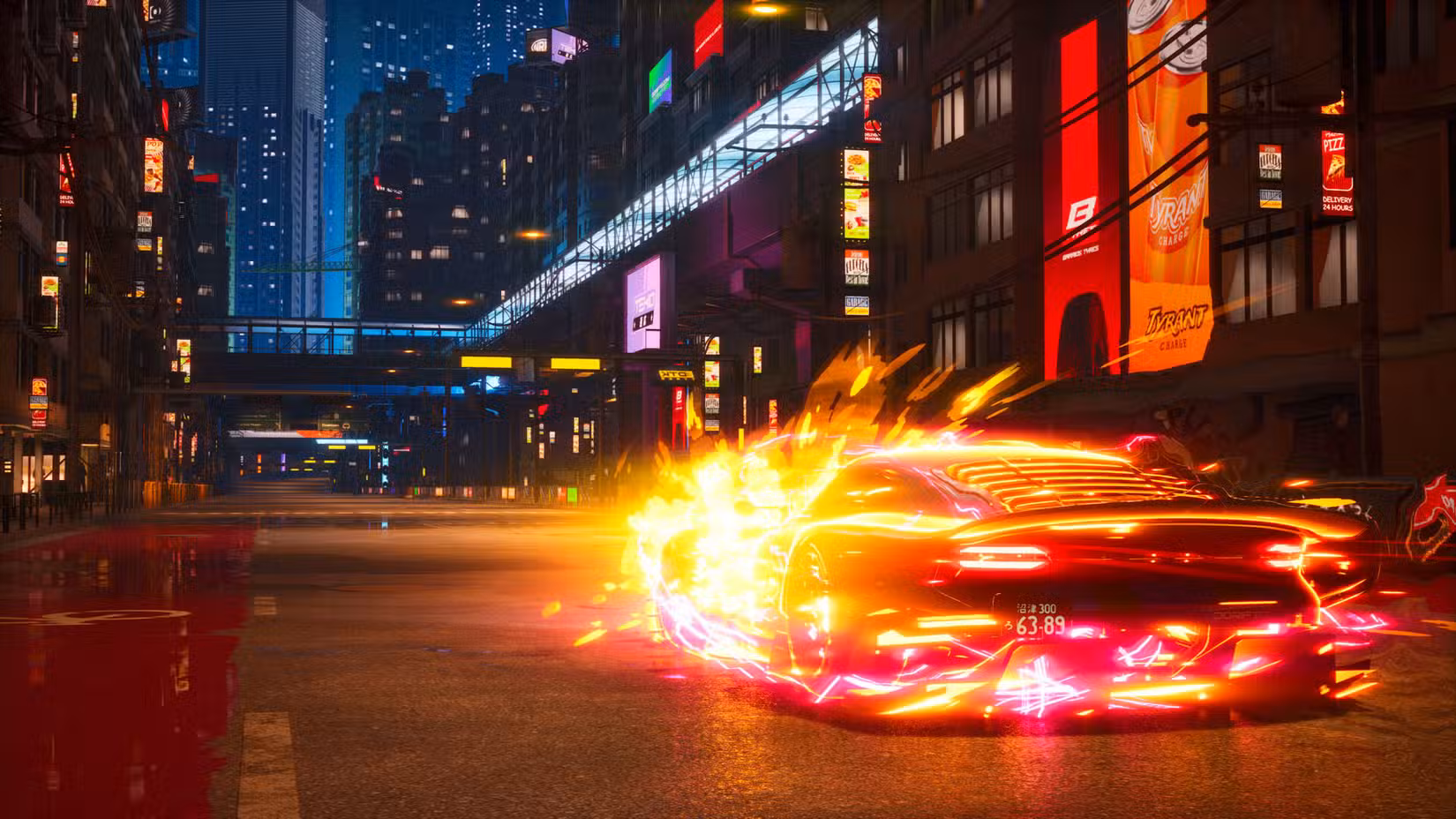 Um carro cercado por energia brilhante corre por uma cidade cyberpunk em Screamer