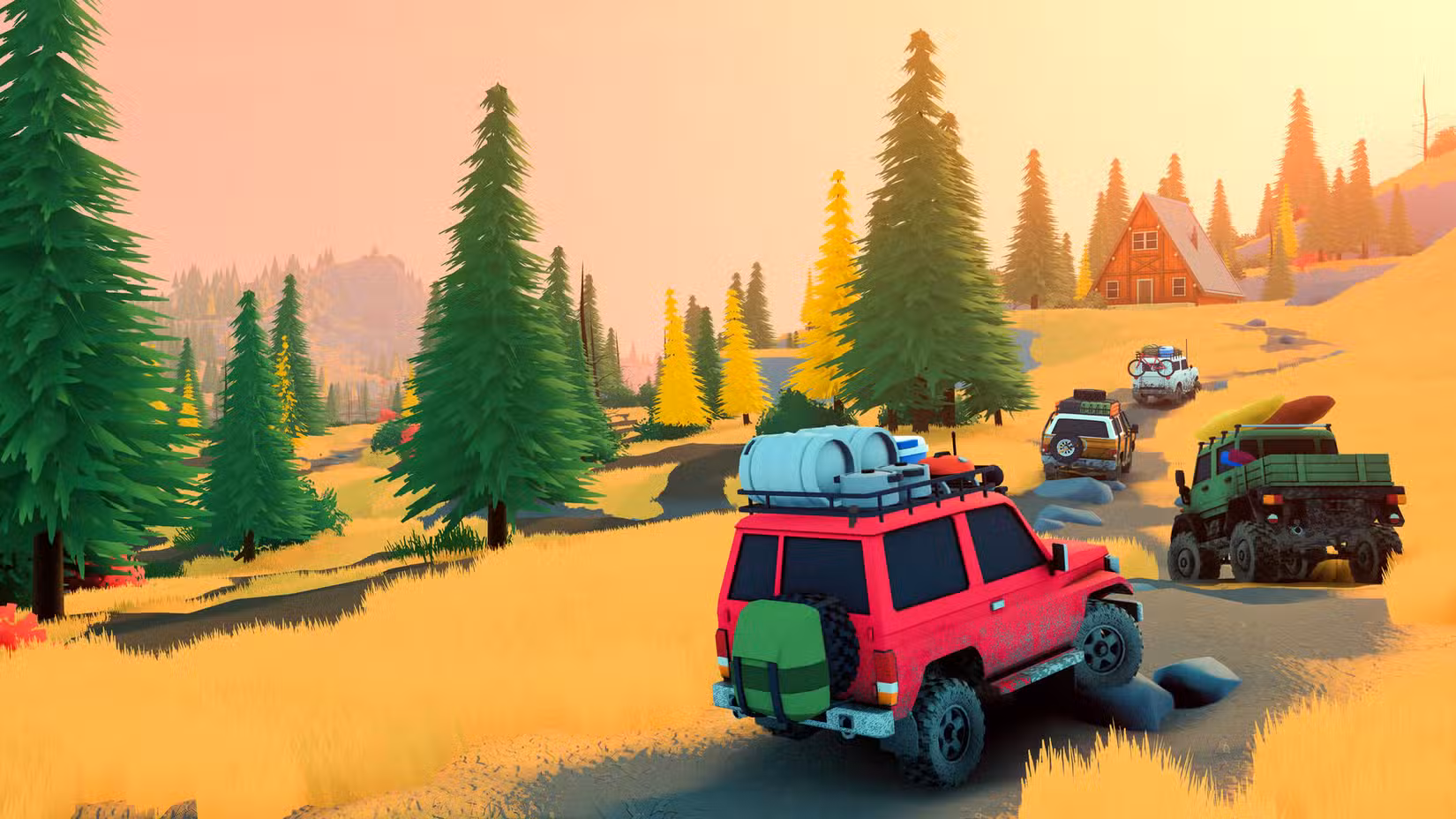 Uma fileira de veículos 4x4 dirige em direção a um alojamento por entre as árvores da montanha em Over the Hill