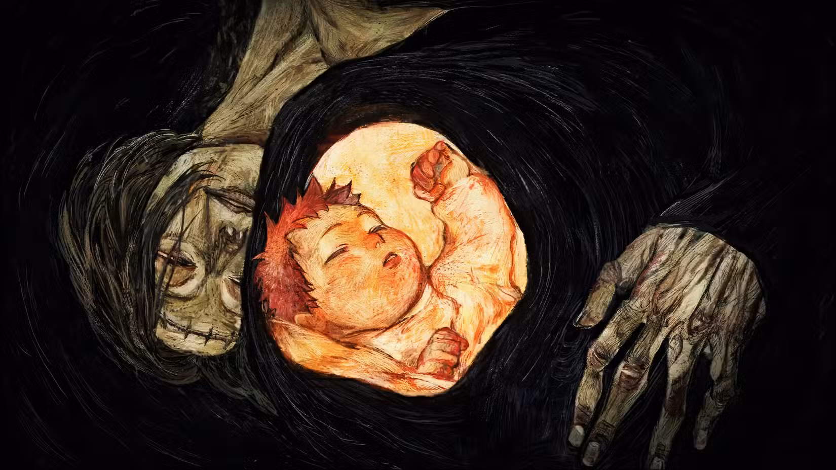 Baby Yuji sendo segurado por Kaori na abertura da 3ª temporada de Jujutsu Kaisen