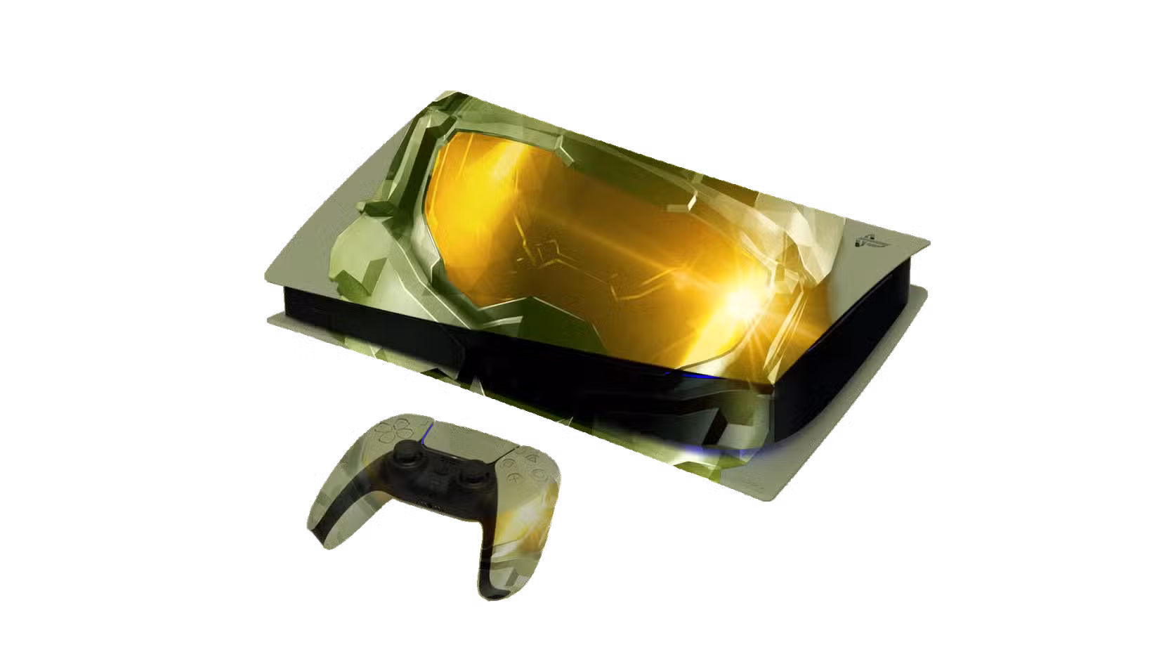 Um PS5 é simulado com um design temático de Master Chief.