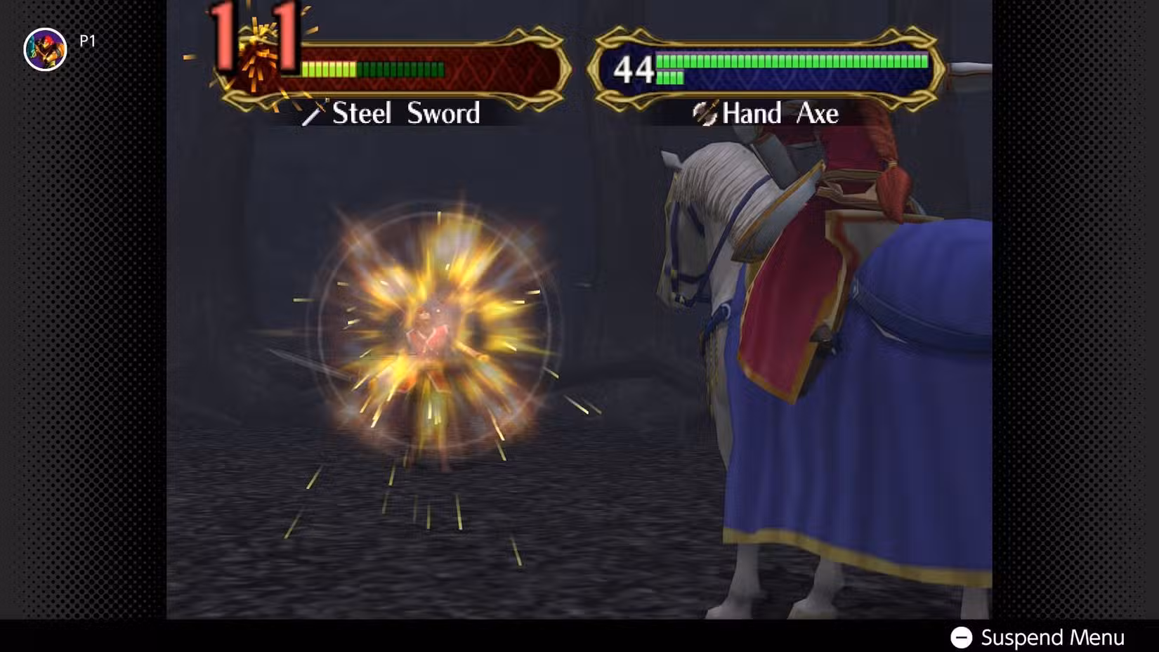 Titania ataca um inimigo em Fire Emblem: Path of Radiance.