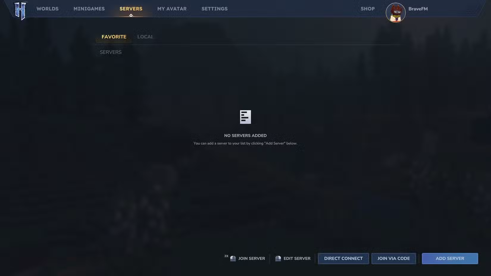 Menu do servidor Hytale