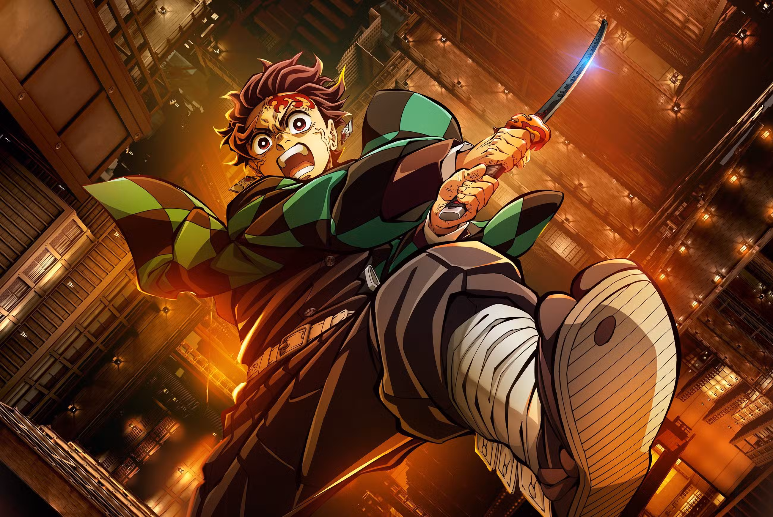 Tanjiro cai enquanto golpeia sua espada na arte principal de Demon Slayer: Infinity Castle