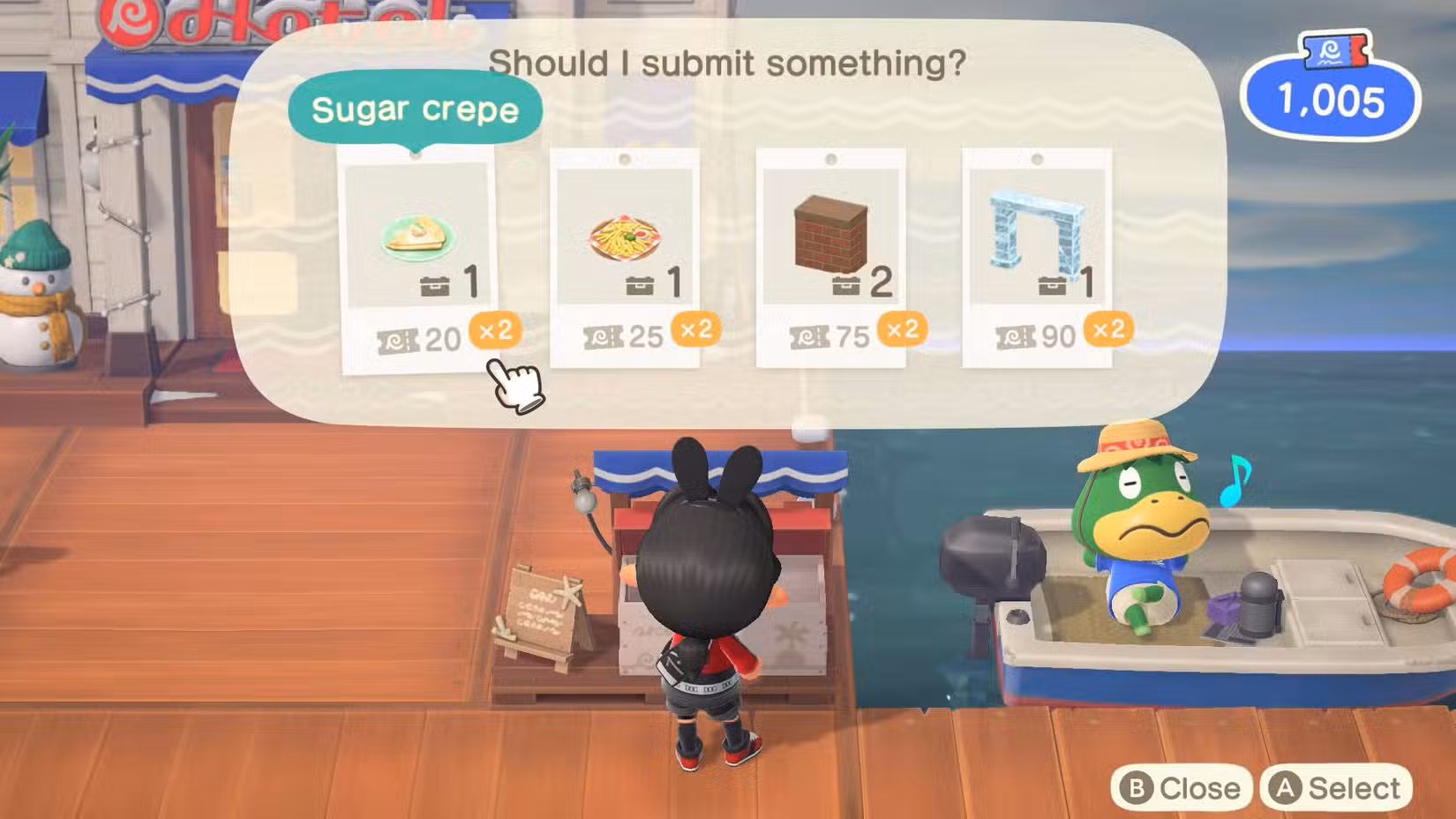 Um personagem de Animal Crossing: New Horizons olha para um quadro com DIYs que eles podem trocar.