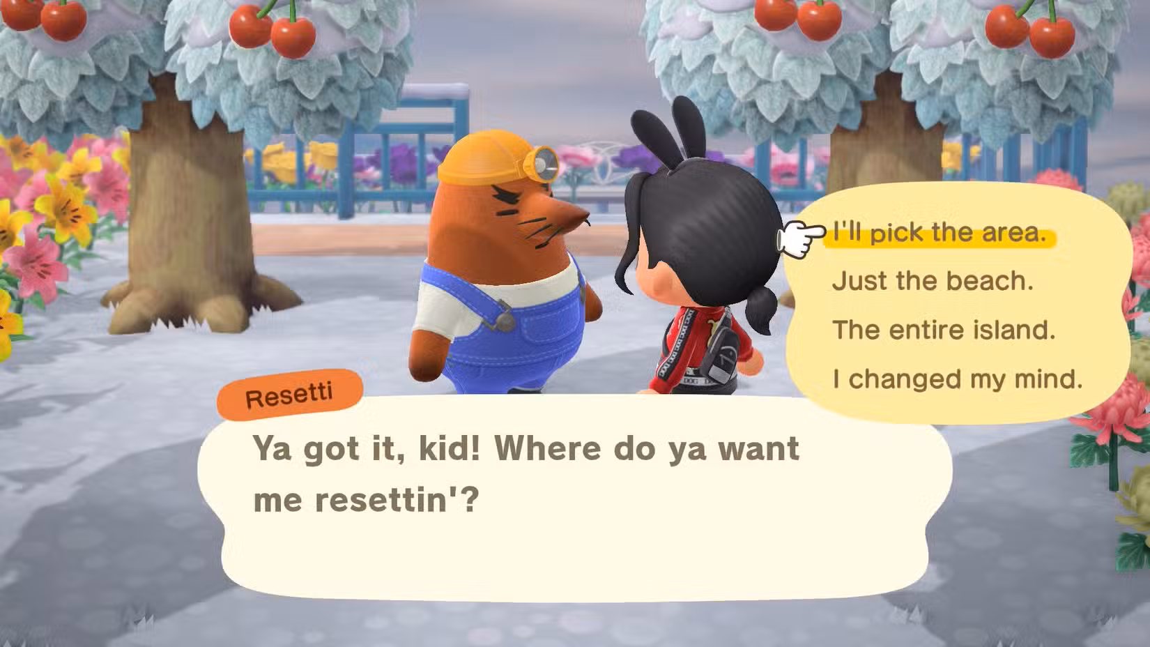 Um personagem de Animal Crossing: New Horizons fala com Resetti sobre a possibilidade de redefinir parte da ilha.