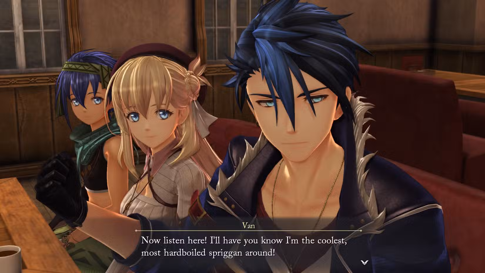 Uma captura de tela de Trails Beyond the Horizon mostrando van dizendo "Agora ouça aqui! Para que você saiba que sou o spriggan mais legal e duro que existe!"