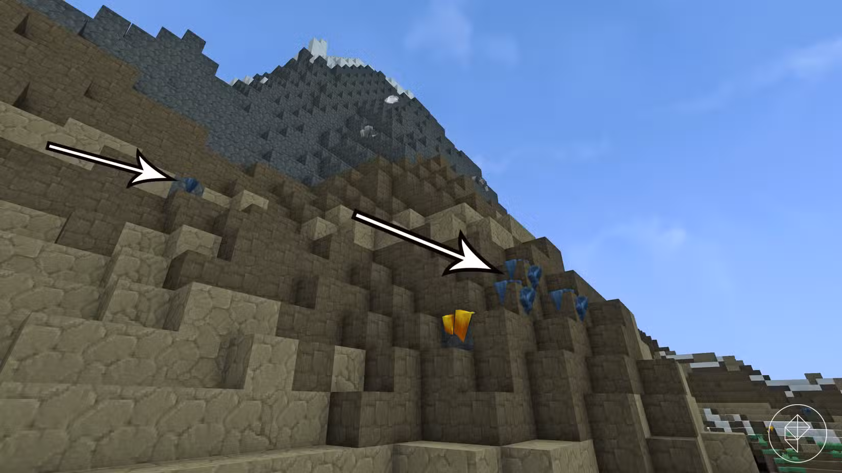 Duas setas apontam para locais de desova de cobalto em Hytale.