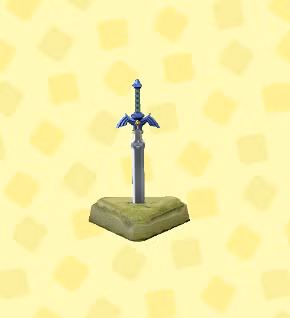A Master Sword em um pedestal em forma de triângulo no ACNH.