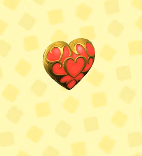 Um coração vermelho maior com decoração dourada enrolado em ACNH.