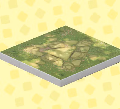 Piso de floresta verde com um triângulo de pedra no centro em ACNH