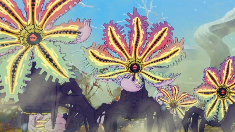 Um enxame de alienígenas parecidos com flores de cores brilhantes no filme de anime All You Need Is Kill