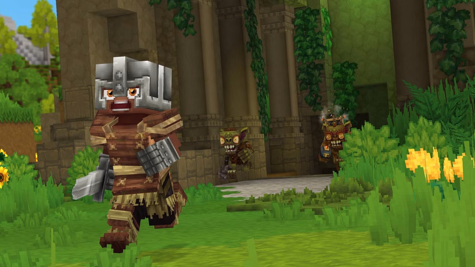 O jogador em Hytale, usando capacete e armadura de ferro, fugindo dos inimigos goblins.
