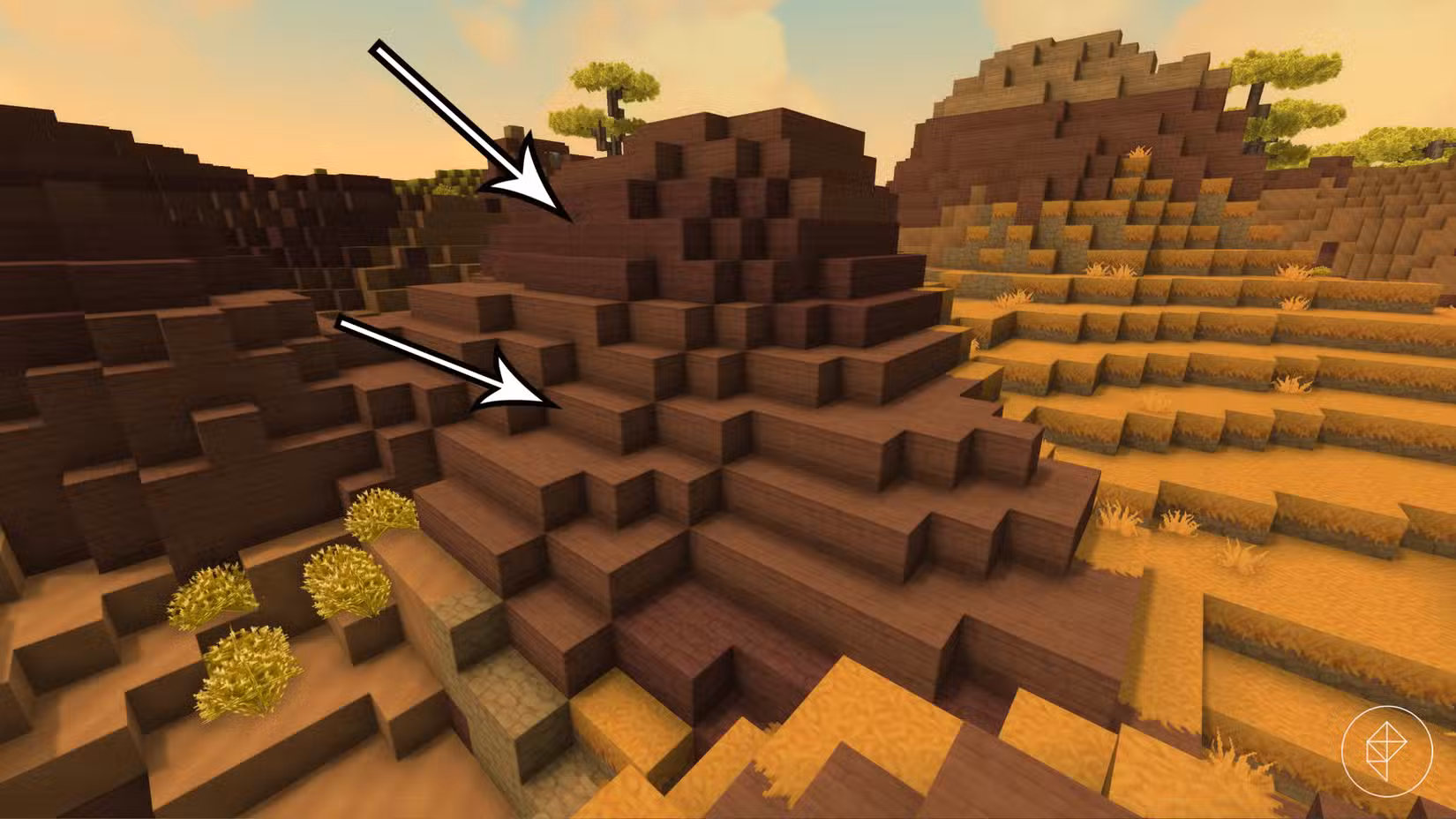 Duas setas apontam para argila vermelha e pedras de arenito vermelho em Hytale.