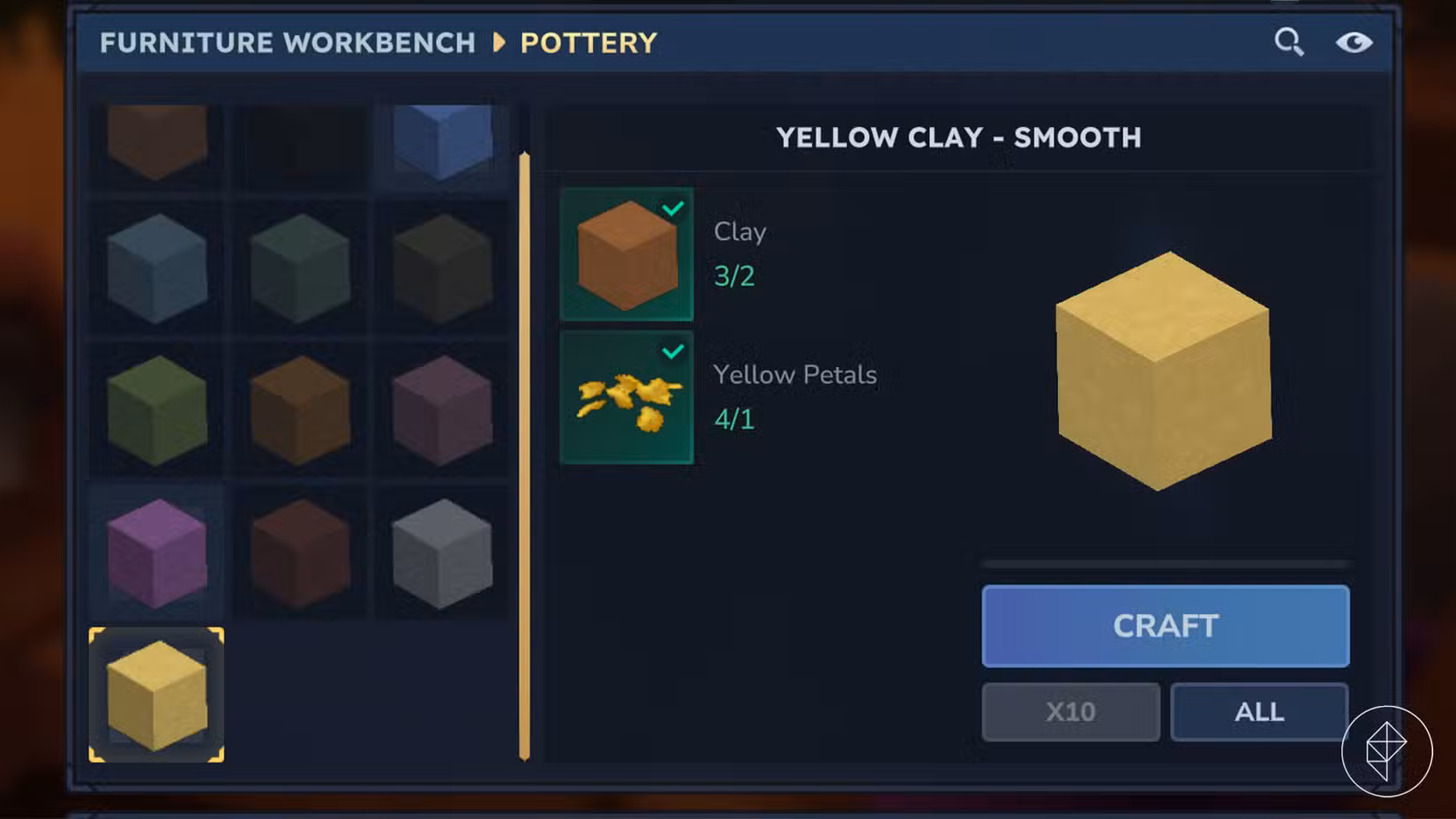 Um menu de artesanato para fazer argila colorida em Hytale.