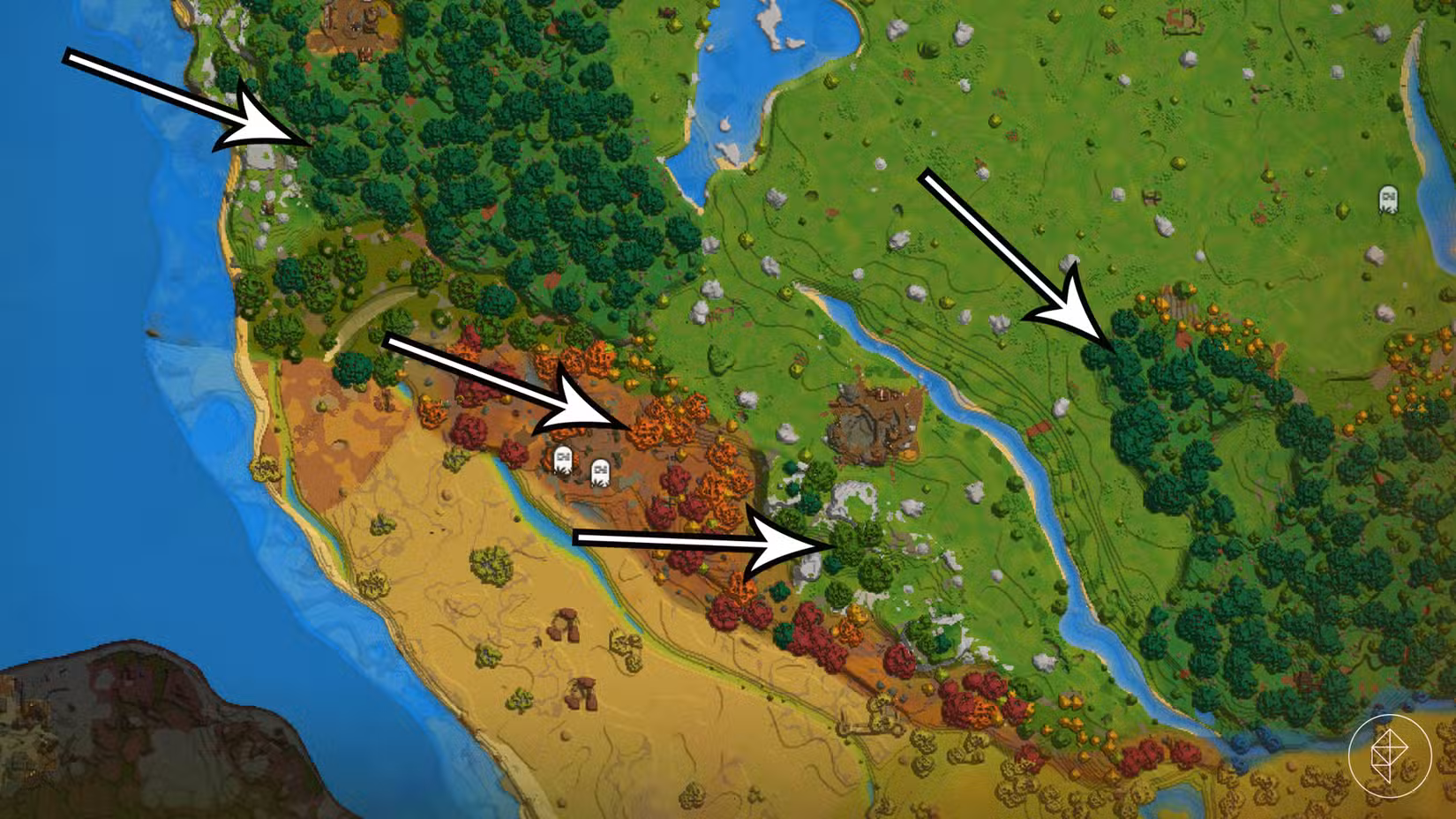 As setas apontam para árvores de madeira nobre no mapa Hytale.