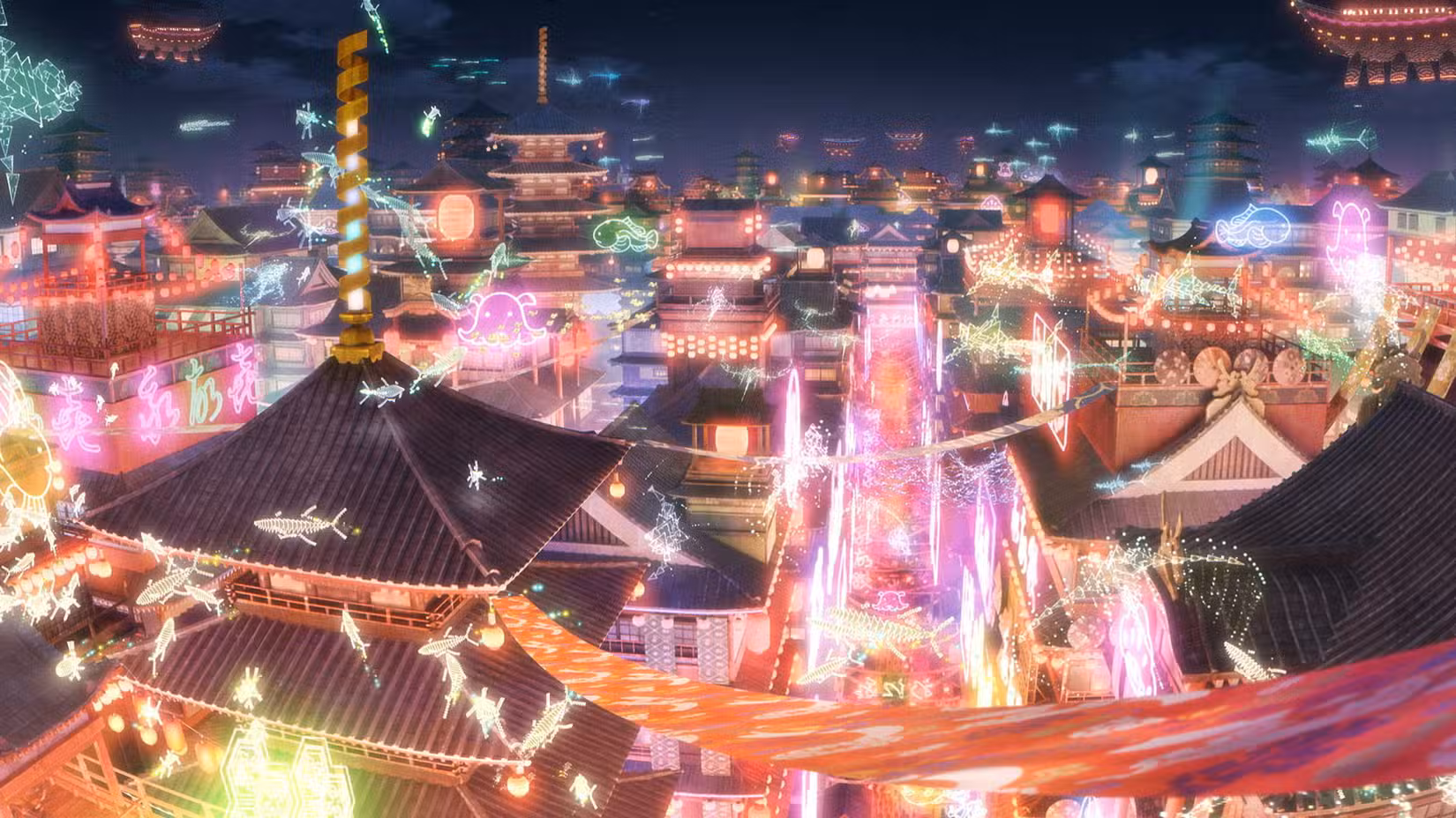 Uma Princesa Cósmica Kaguya! imagem oficial mostrando Tsukuyomi, uma cidade japonesa coberta de neon