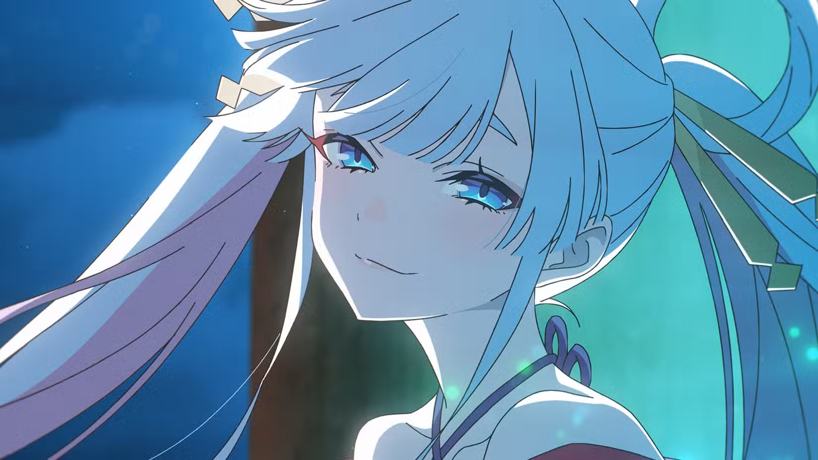 Uma Princesa Cósmica Kaguya! imagem oficial mostrando Yachiyo, o AI VTuber. Ela está sorrindo para a câmera.