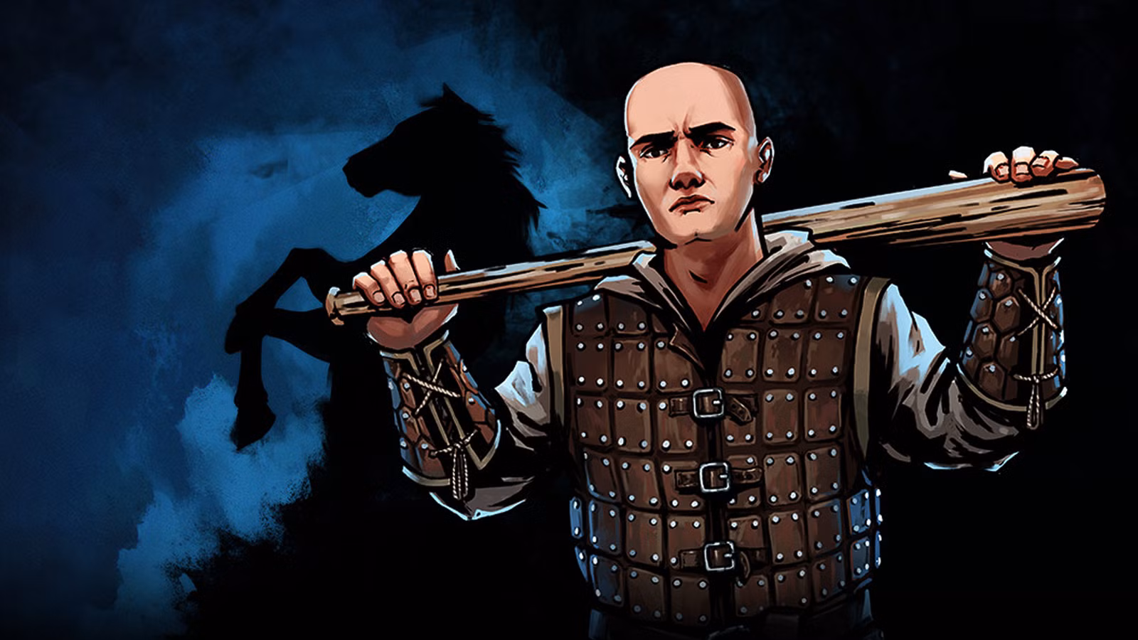 Um cara medieval careca segurando um bastão de madeira na arte promocional de Rustler (Grand Theft Horse)