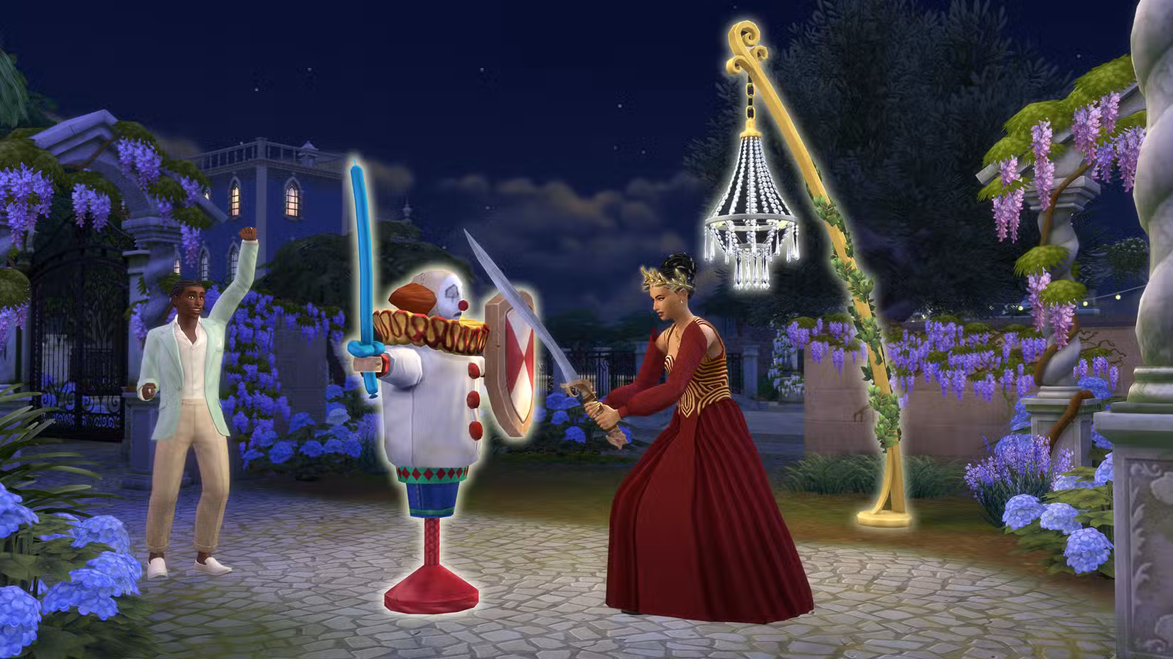 Sims 4 Sim praticando esgrima em um manequim