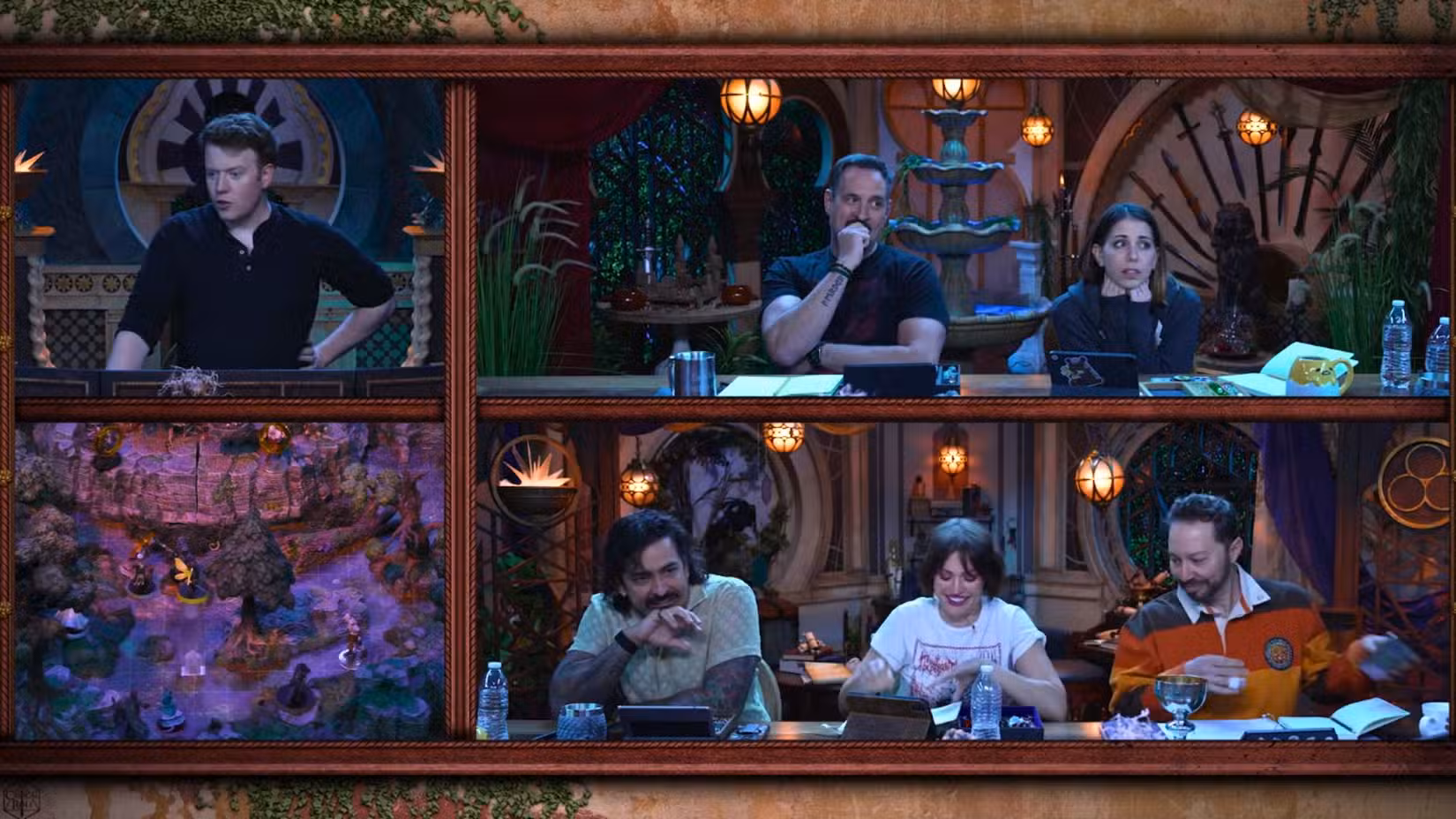 Captura de tela do Critical Role com Brennan Lee Mulligan, Whitney Moore, Travis Willingham, Laura Bailey, Robbie Daymond e Sam Riegel.